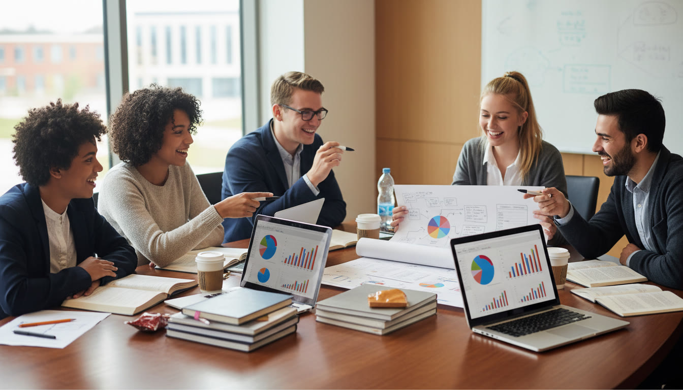 Photo Idea : students around a table reviewing charts with laptops and notes, simulating a consulting team