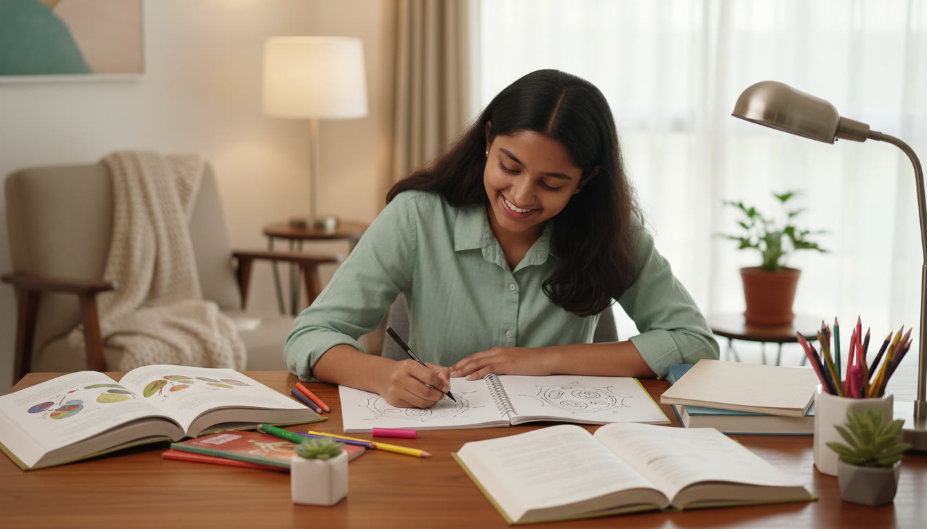 Photo Idea : Student sketching a labeled biology diagram at a tidy study desk with textbooks and colored pencils