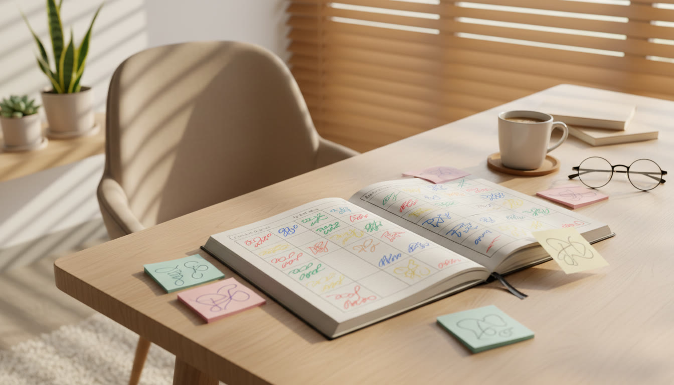 Photo Idea : A notebook open to a color-coded error log with subject-wise columns and sticky notes