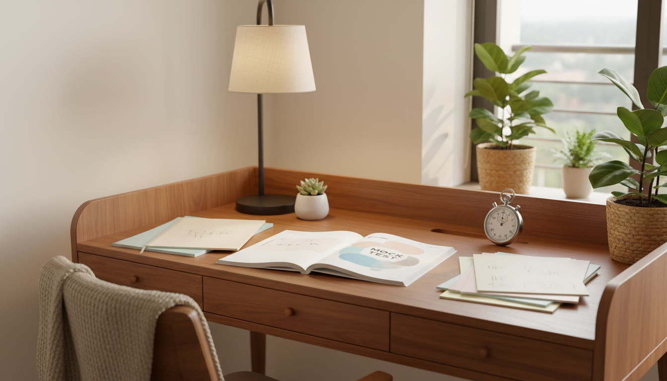 Photo Idea : A calm study desk with an open mock test booklet, a stopwatch, and neatly organized revision notes