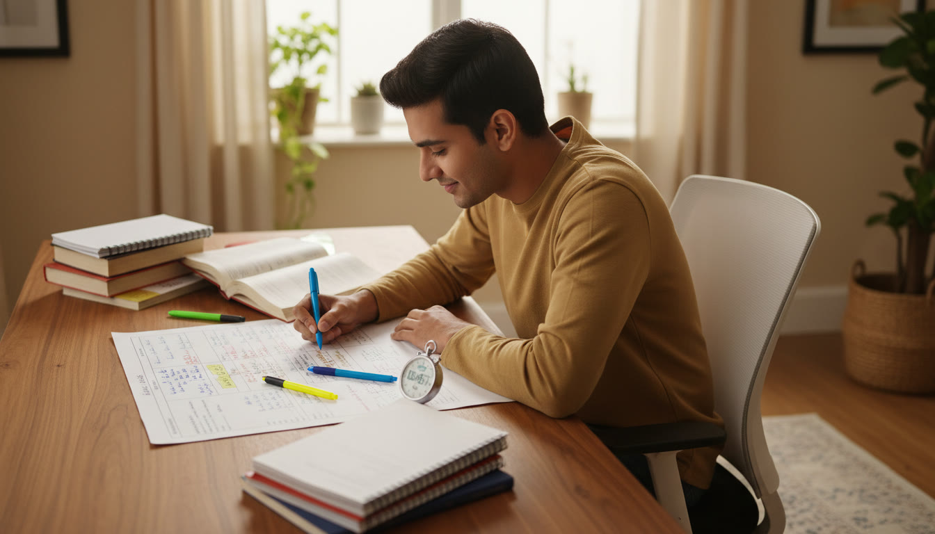 Photo Idea : A student analyzing a mock test paper with color-coded notes and a stopwatch