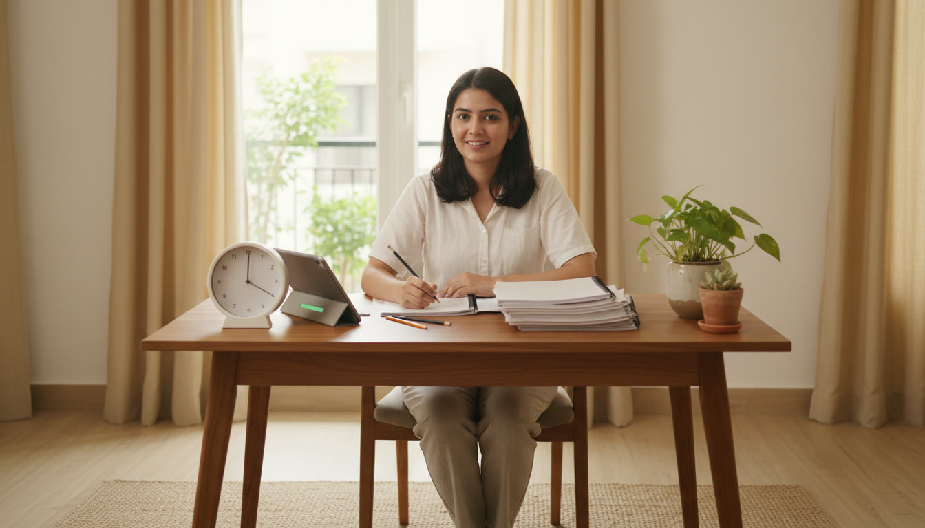 Photo Idea : Student at a neat desk doing a timed practice test with a clock and minimal distractions