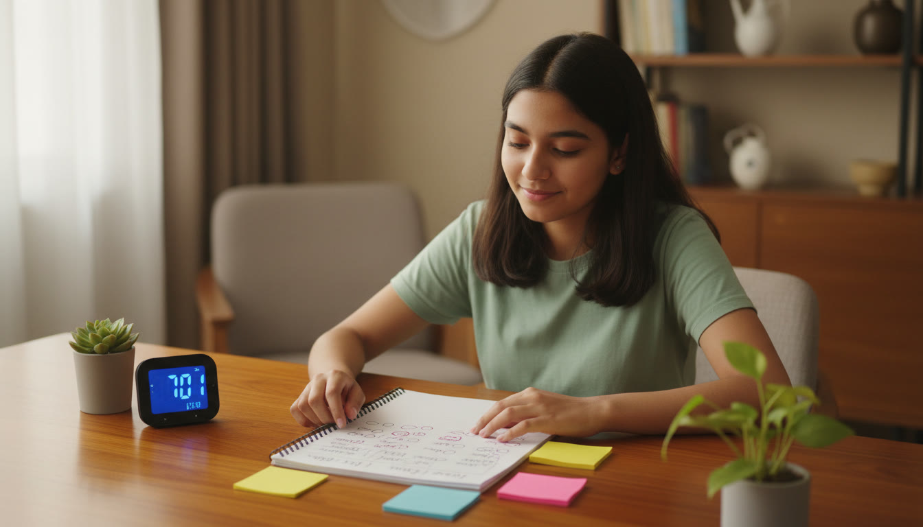Photo Idea : Student calmly reviewing annotated mock test paper with a timer and colored sticky notes