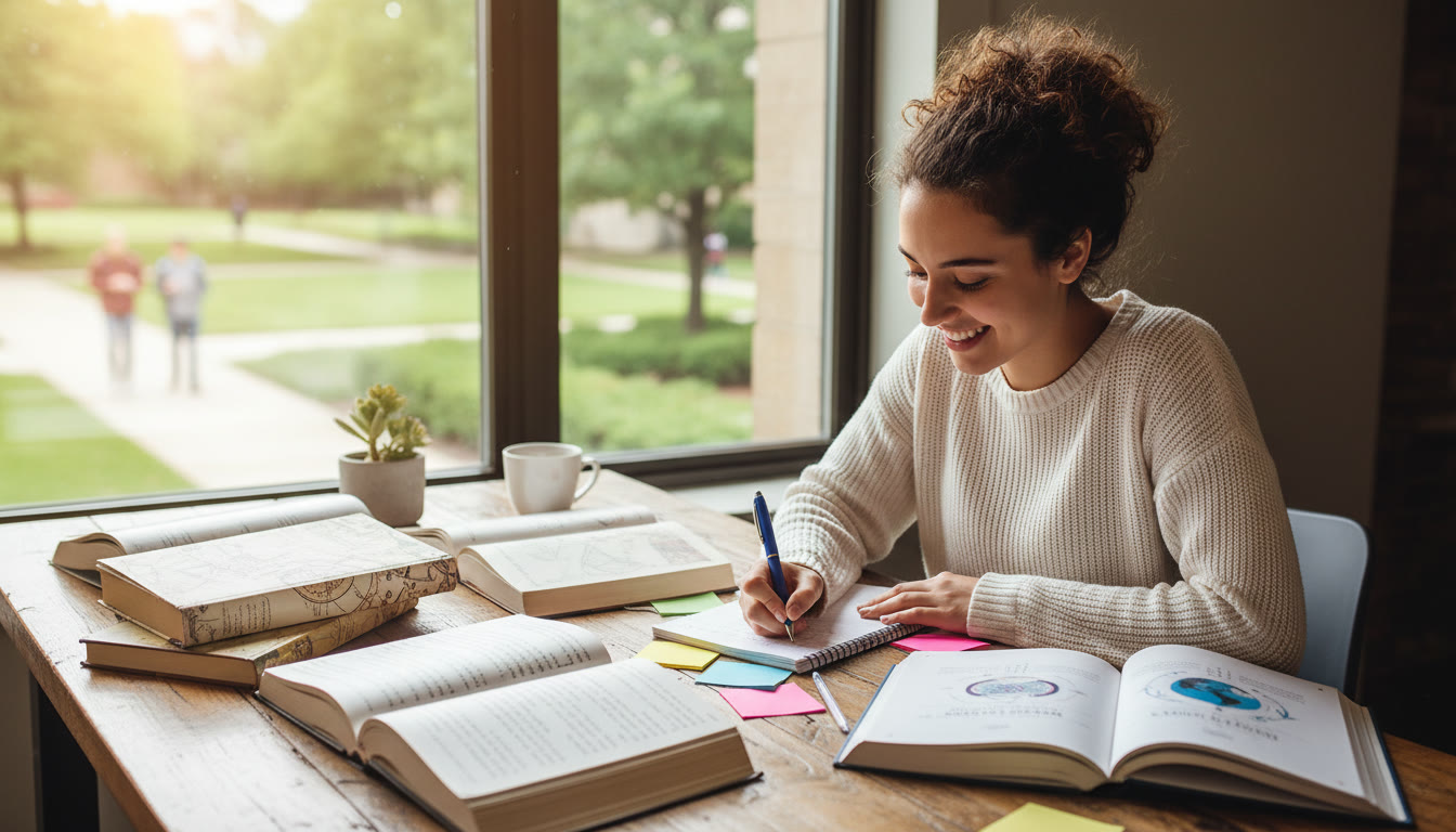 Photo Idea : Student at a wooden table surrounded by open books labeled 