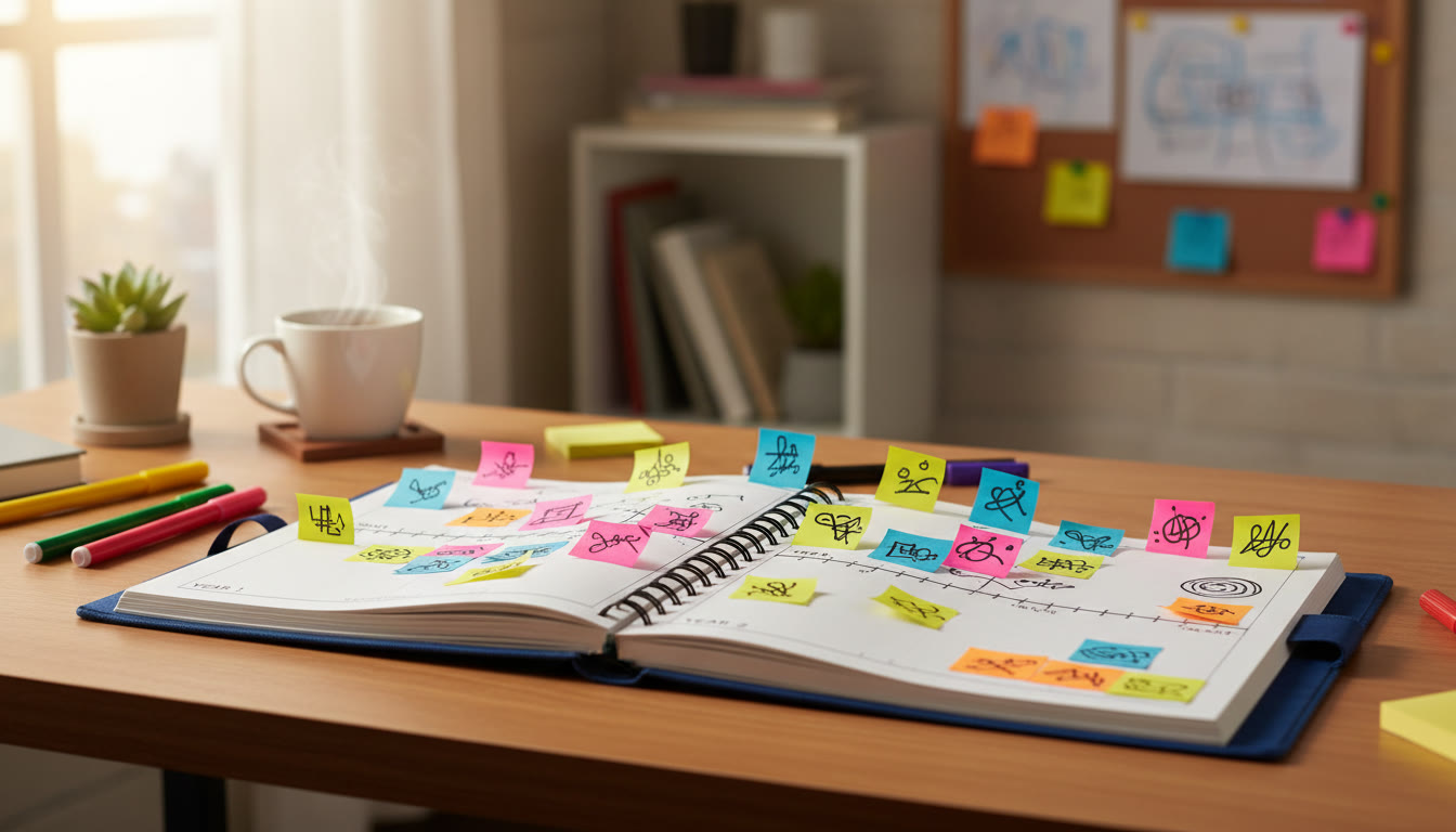 Photo Idea : a neat student planner open to a two-year timeline with colored sticky notes
