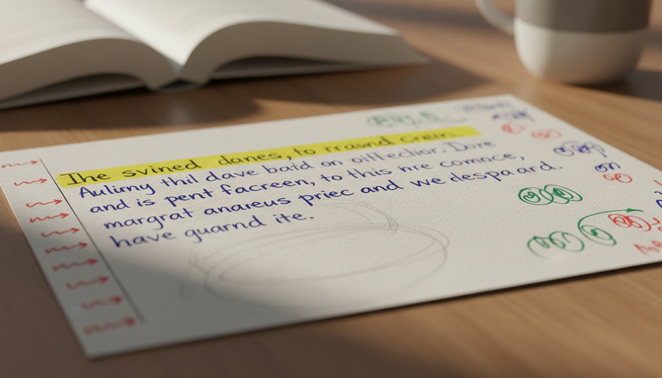 Photo Idea : Close-up of annotated paragraph showing highlighted topic sentence and margin notes marking evidence and analysis