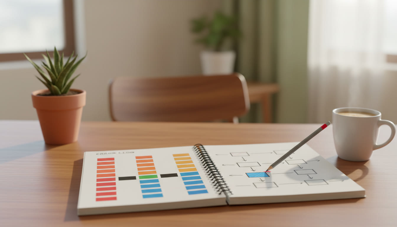 Photo Idea : Open notebook showing an error log with color-coded categories and a pencil marking corrections