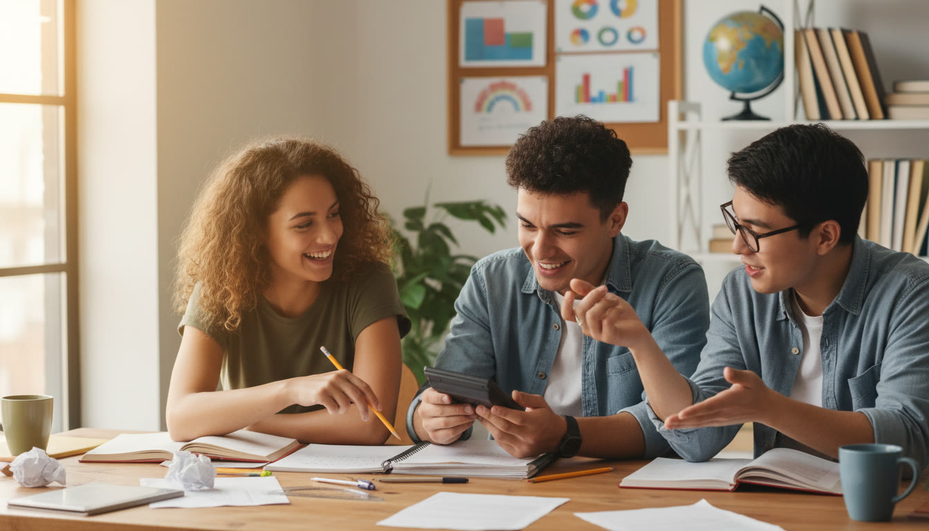 Photo Idea : Students studying math together with notebooks and a graphing calculator on a desk