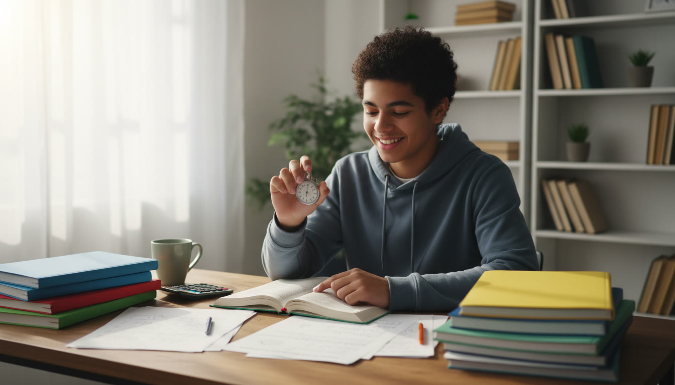 Photo Idea : Student at a desk using a stopwatch, surrounded by subject notebooks and practice papers