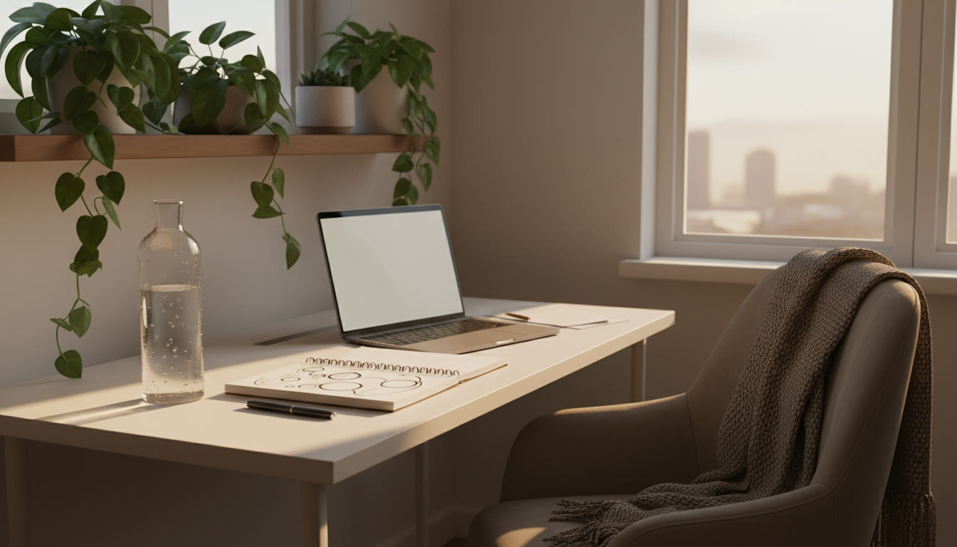 Photo Idea : A calm study corner with plants, water bottle, a notebook titled 