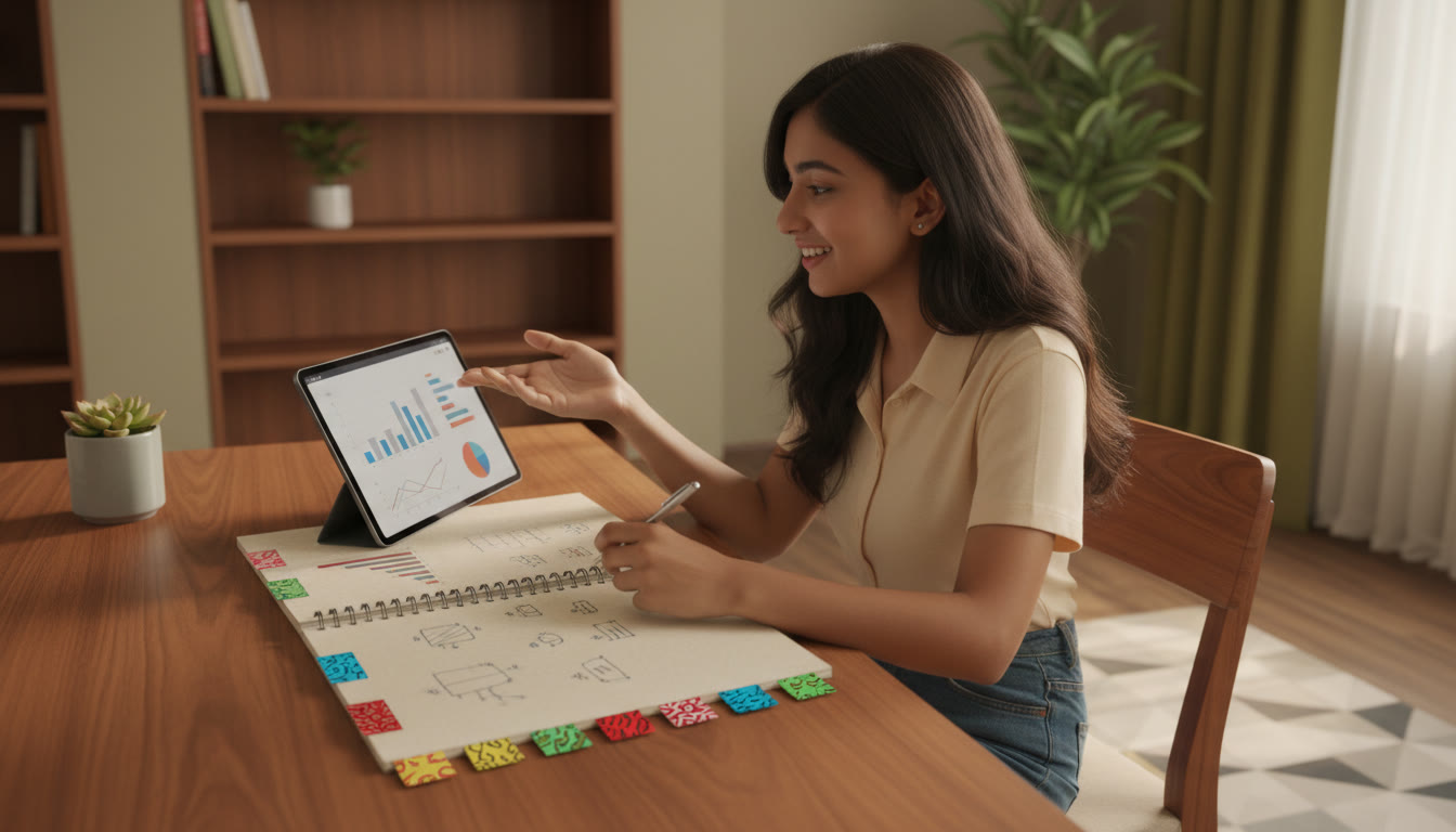 Photo Idea : A student analyzing mock test results with a notebook labeled "Error Log" and color-coded tags