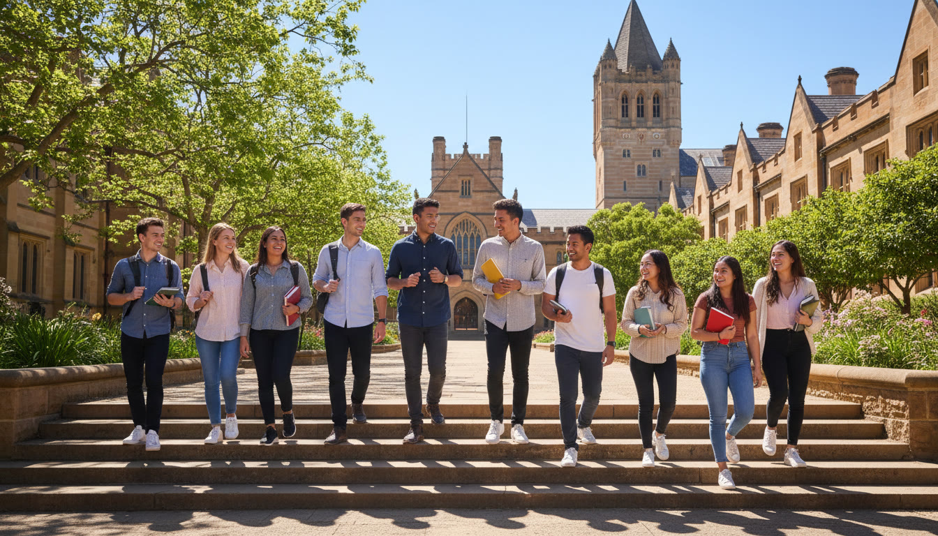 Photo Idea : Students walking along sandstone steps of the University of Sydney campus on a sunny day