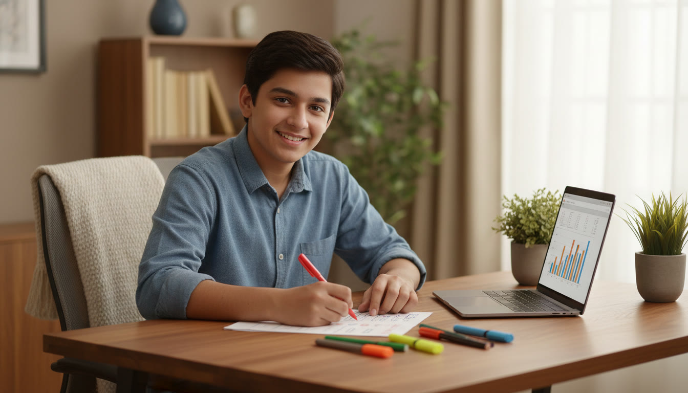 Photo Idea : Student at a desk reviewing a mock answer sheet with colored pens and a laptop open to score details
