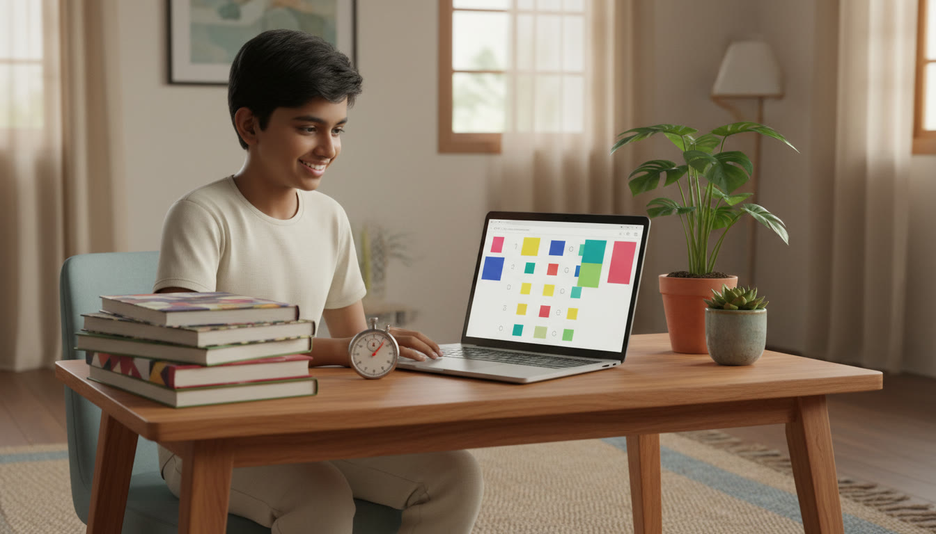 Photo Idea : Student at a study table solving an MCQ on a laptop with textbooks and a stopwatch nearby