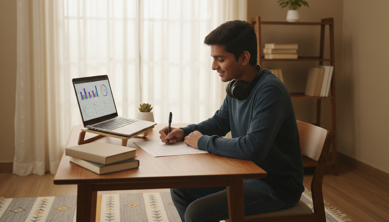 Photo Idea : A student filling an OMR sheet carefully beside a laptop displaying a timed mock
