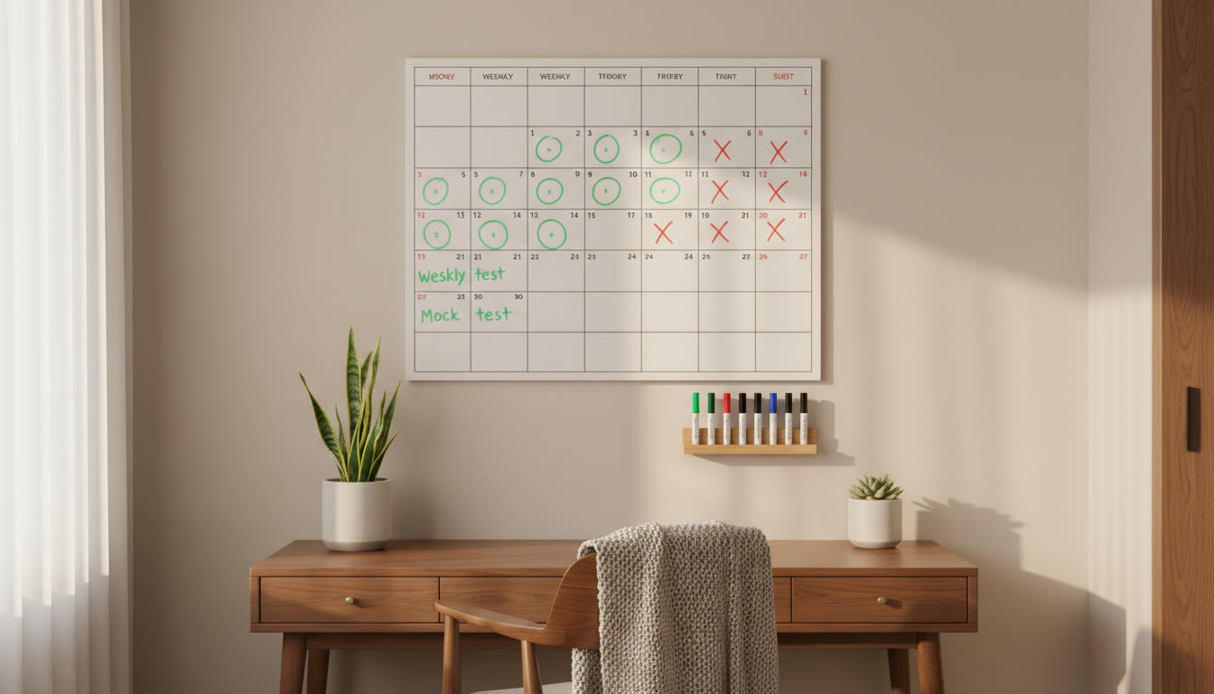 Photo Idea : A study calendar on a wall with colored markers showing weekly checkpoints and mock test days.