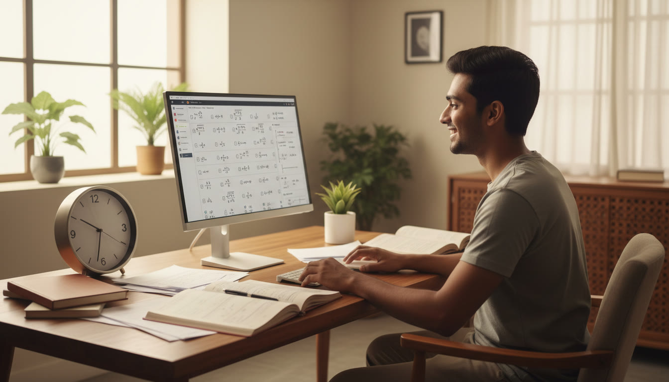 Photo Idea : Student at a desk taking a timed computer-based mock test with scattered notebooks and a clock