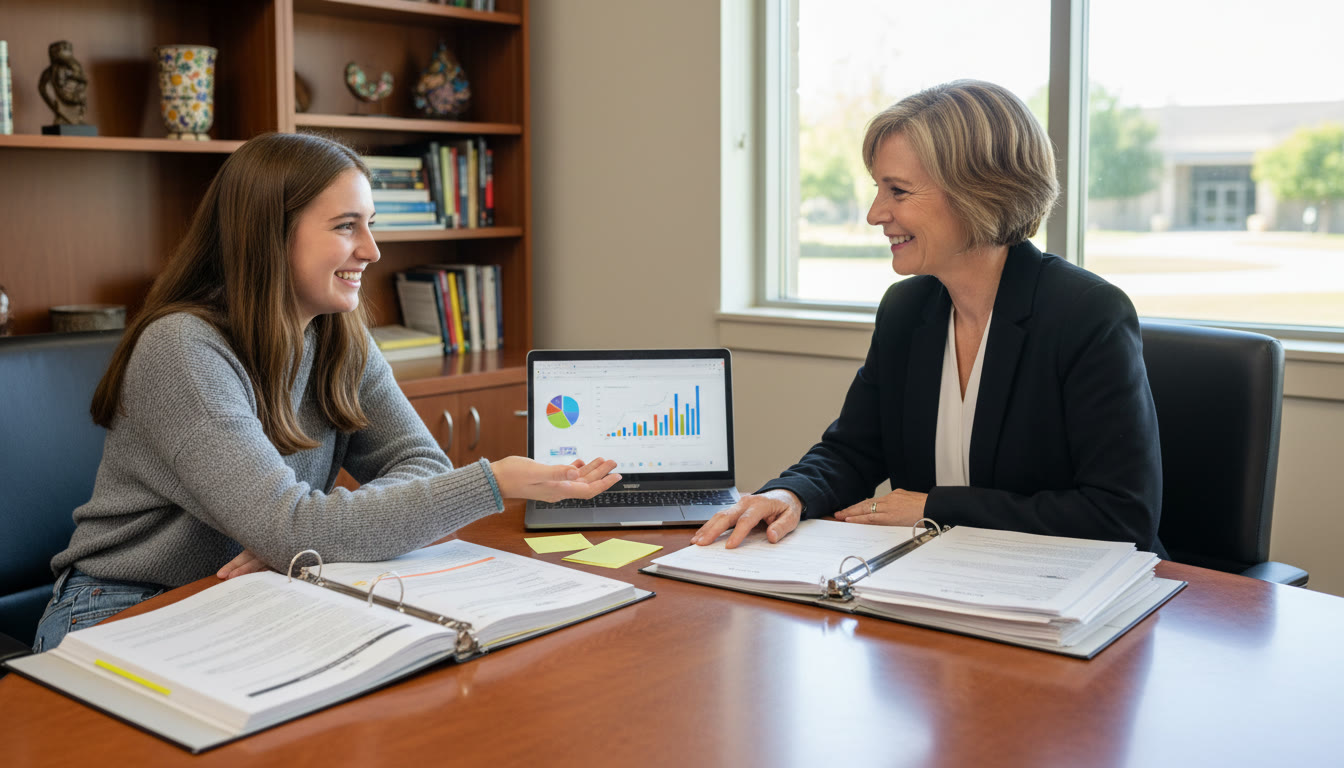 Photo Idea : Student meeting with a school counsellor, papers and a laptop open