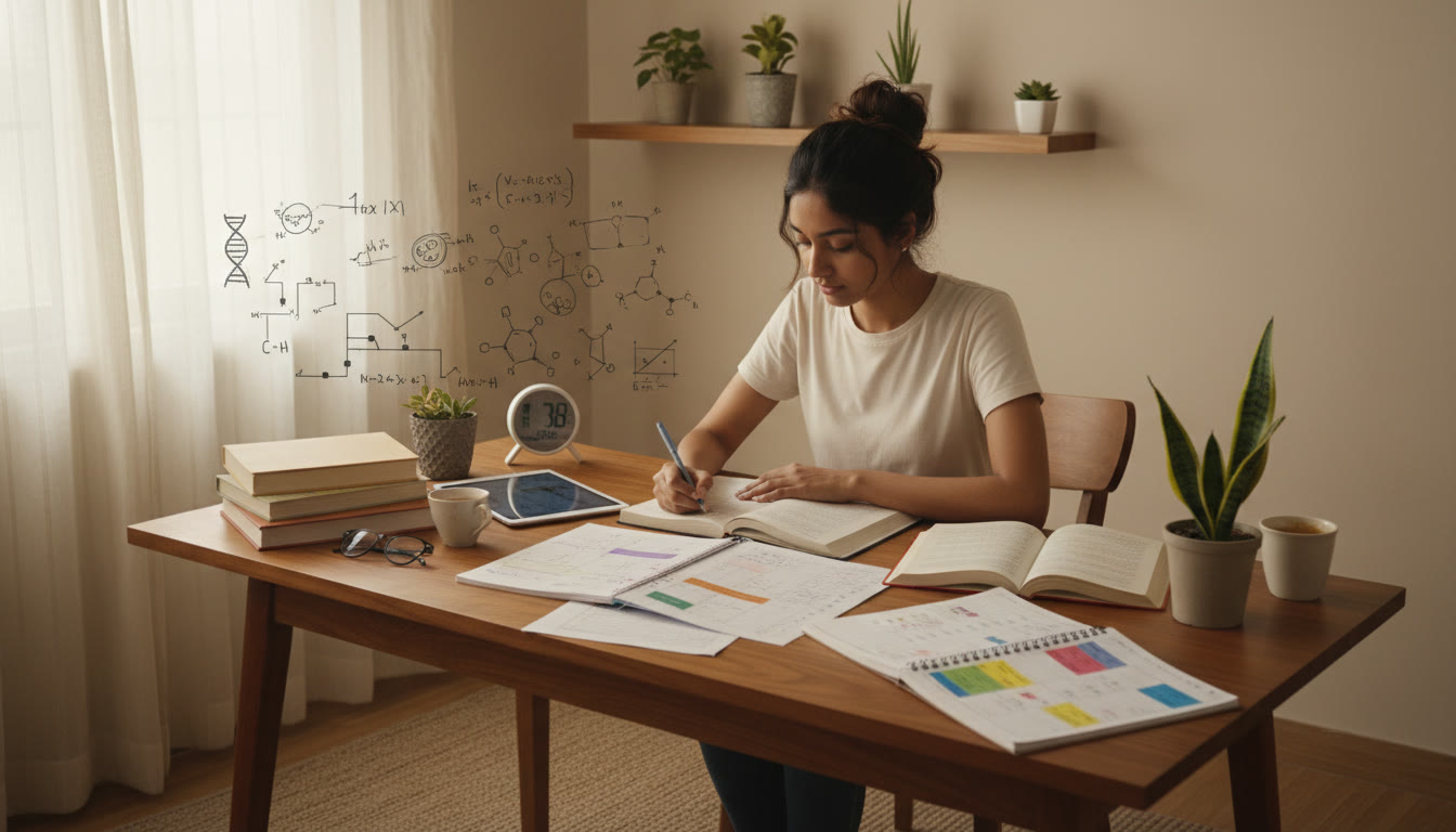 Photo Idea : A focused student at a desk surrounded by Biology, Physics and Chemistry notes, timer set, and a planner with a study schedule