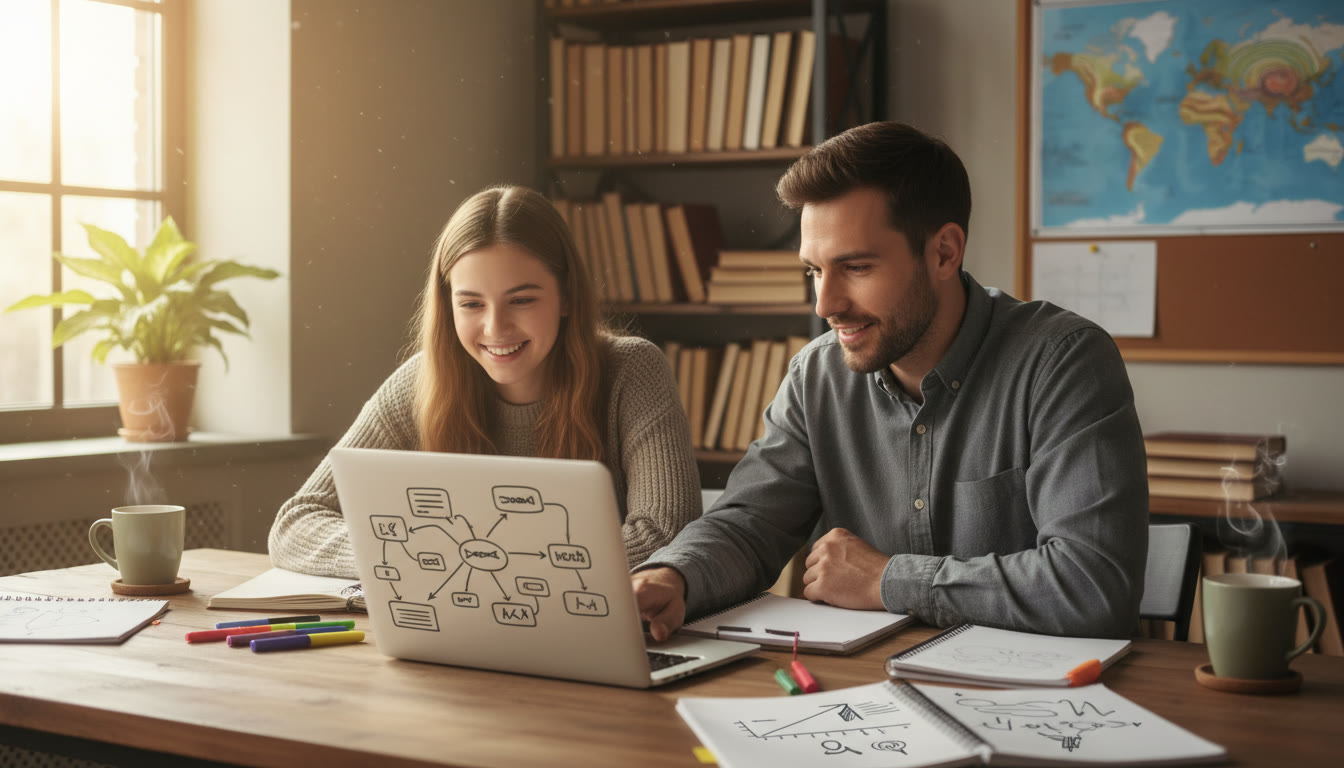Photo Idea : A cozy tutoring session with a student and a tutor working over a laptop and notes