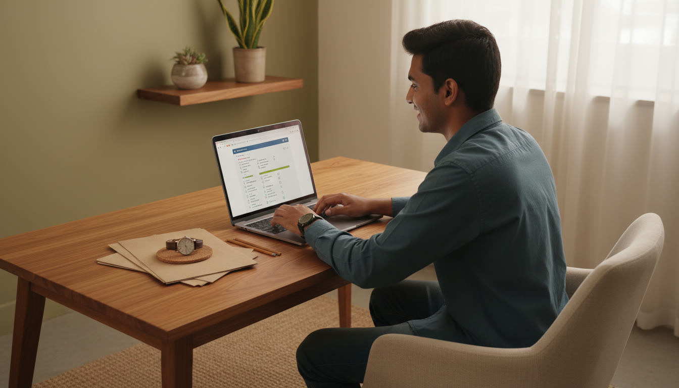 Photo Idea : Student starting a full-length test on a laptop, with a watch and rough paper beside them