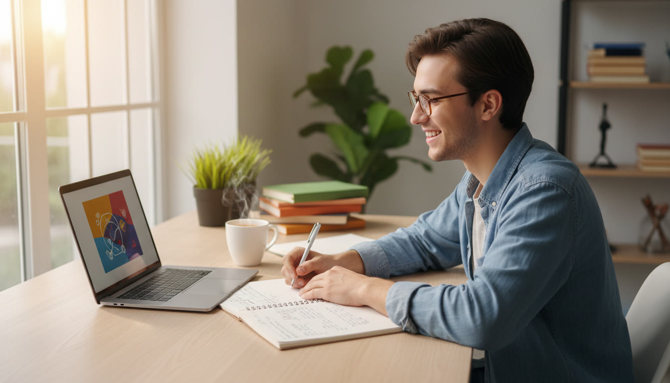 Photo Idea : Student at a tidy desk writing notes with an open laptop, natural light, and a cup of tea