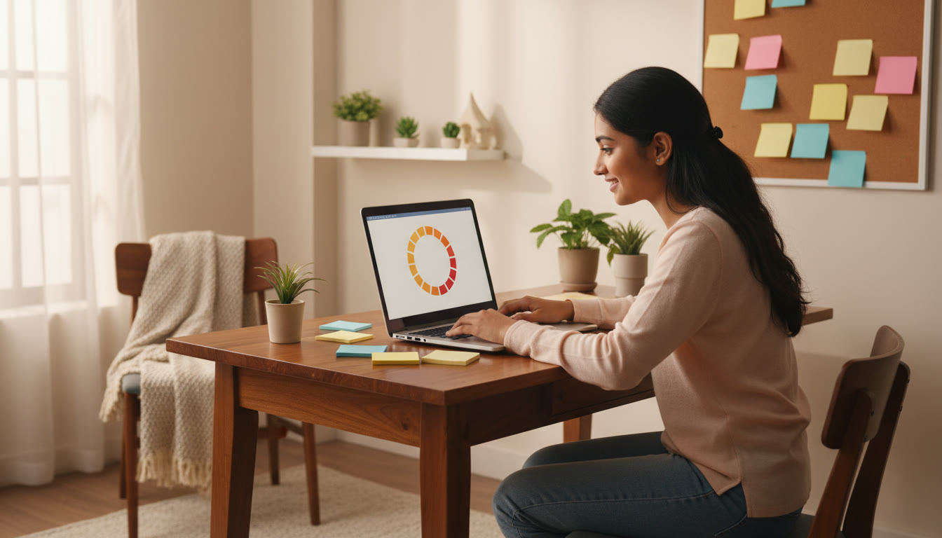 Photo Idea : Student seated at a study table taking a timed mock test on a laptop, a visible countdown timer, scattered sticky notes.