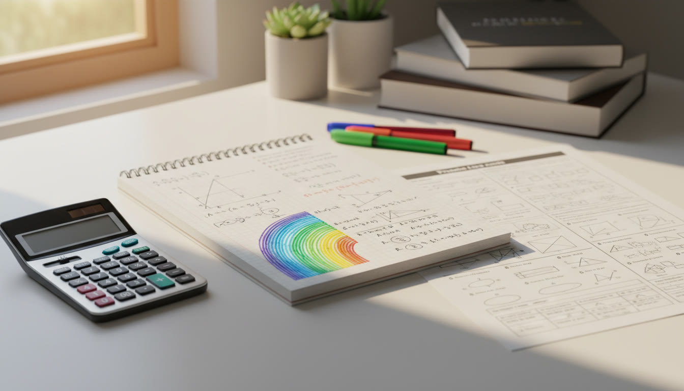 Photo Idea : open notebook with color-coded notes, a graphing calculator, and a printed past paper on a desk