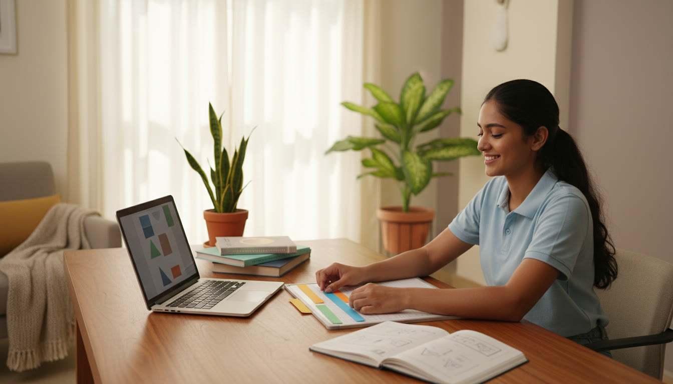Photo Idea : Student arranging a color-coded timetable on a desk with textbooks and a laptop