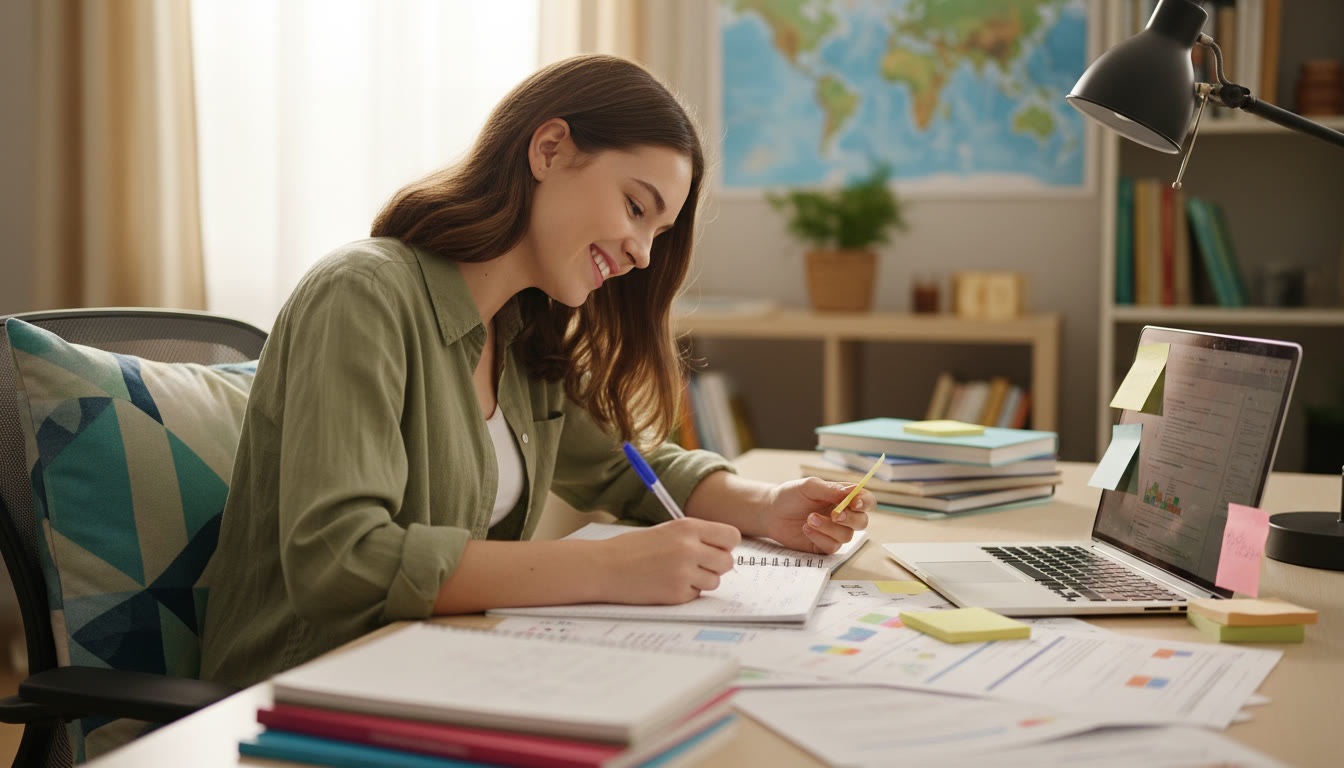 Photo Idea : A student at a desk surrounded by notes and a laptop, writing a research question on a sticky note