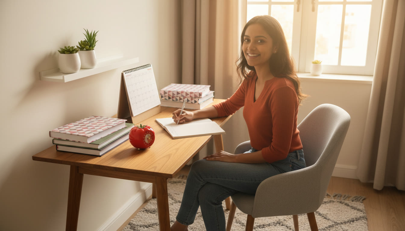 Photo Idea : Student at a tidy desk with textbooks, a calendar, and a kitchen timer while planning a study schedule
