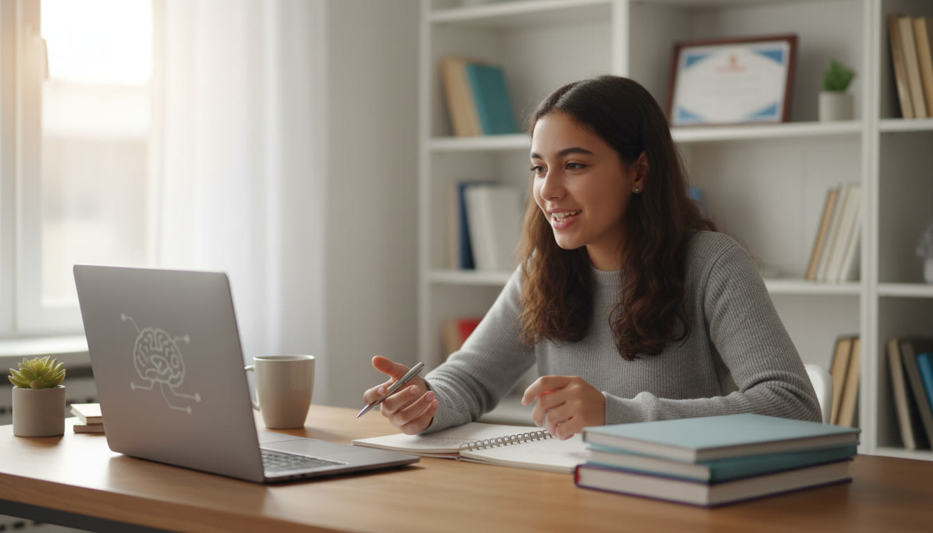 Photo Idea : Student practicing interview answers with a laptop and notebook on a tidy desk