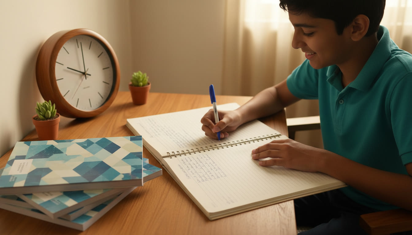 Photo Idea : Close-up of a student writing in an answer book with a clock and a stack of CBSE sample papers nearby.