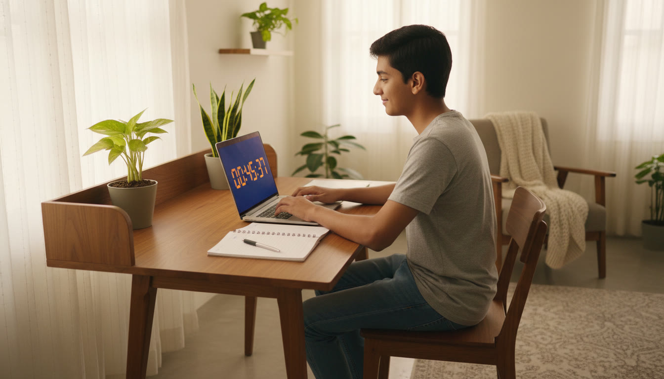 Photo Idea : A student taking a full-length timed mock test on a laptop with a visible countdown timer