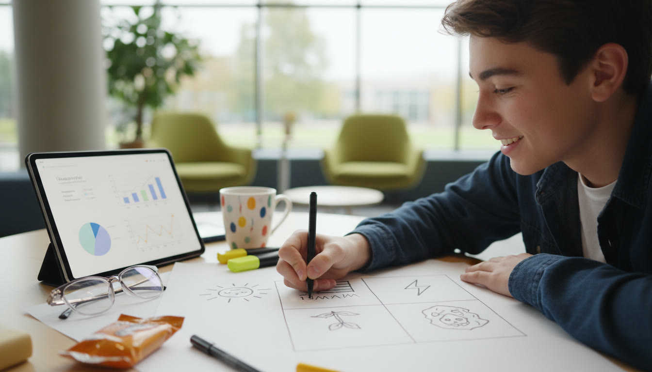 Photo Idea : Close-up of a student drawing a SWOT diagram on paper while referring to a typed business case