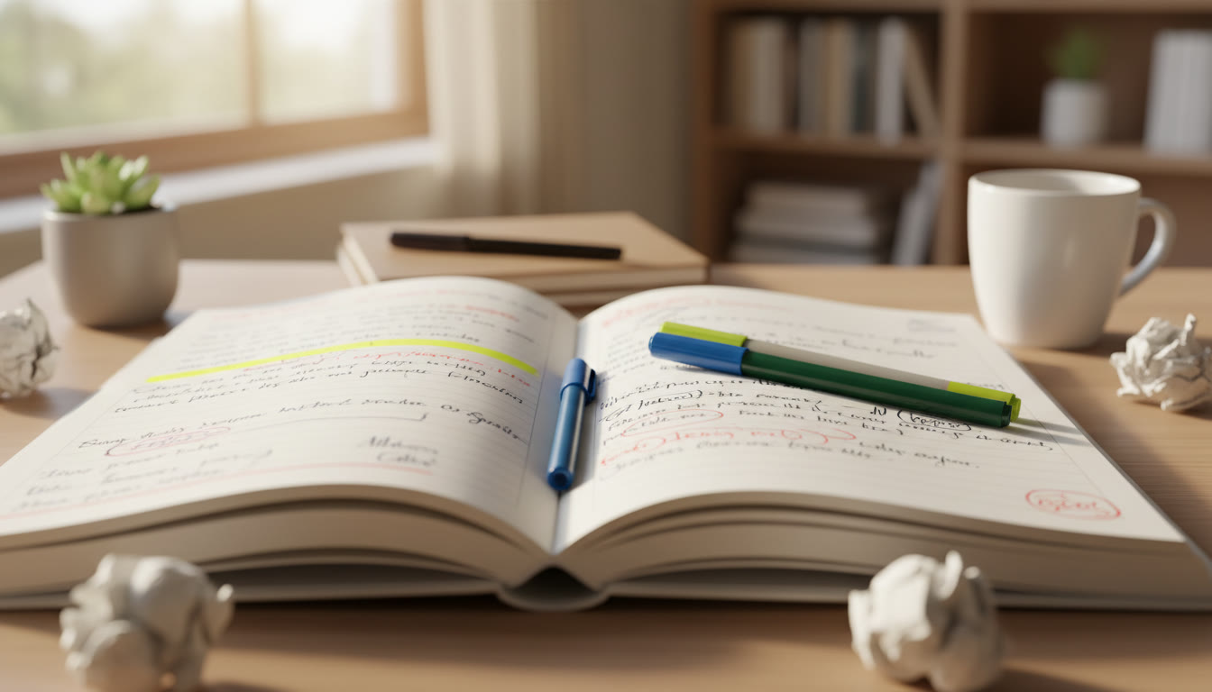 Photo Idea : Close-up of a notebook with annotated essay drafts and a highlighter