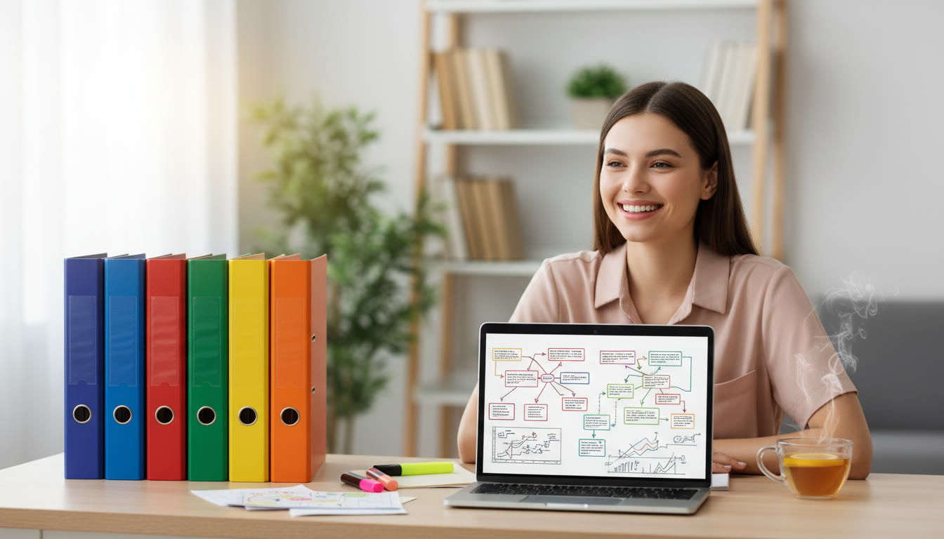 Photo Idea : Student at a tidy desk with color-coded binders labeled for IB subjects, a laptop open to study notes, and a cup of tea