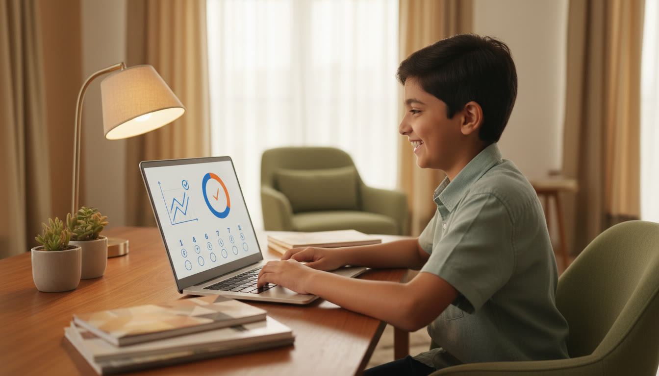 Photo Idea : Student at a study desk taking a timed online mock on a laptop with a visible countdown clock