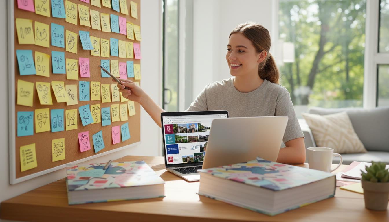 Photo Idea : Student at desk mapping out goals with colored sticky notes, IB textbooks, and a laptop displaying university websites