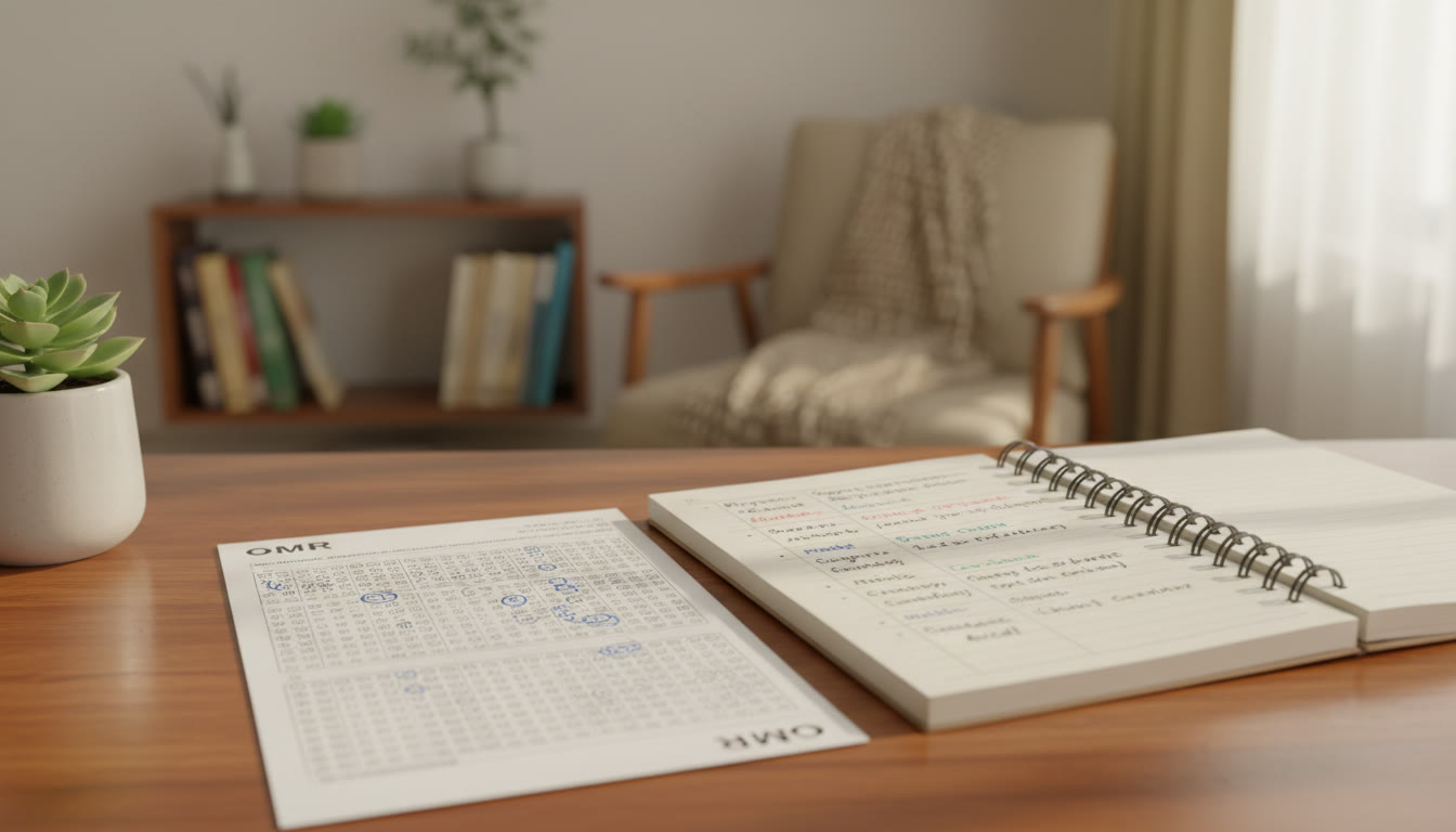 Photo Idea : Close-up of a marked OMR sheet and a notebook showing categorized mistake notes