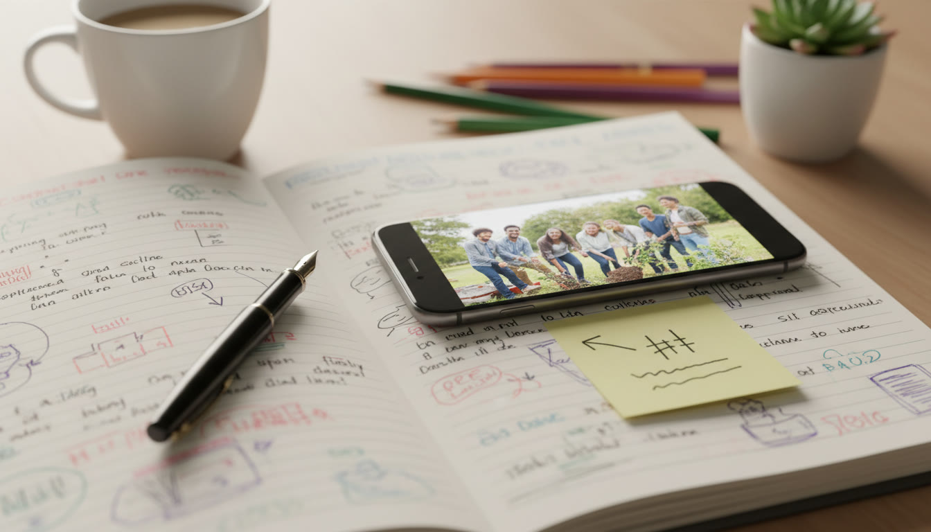 Photo Idea : close-up of a student’s CAS journal with a pen, a phone photo, and a sticky note that reads “Next steps”
