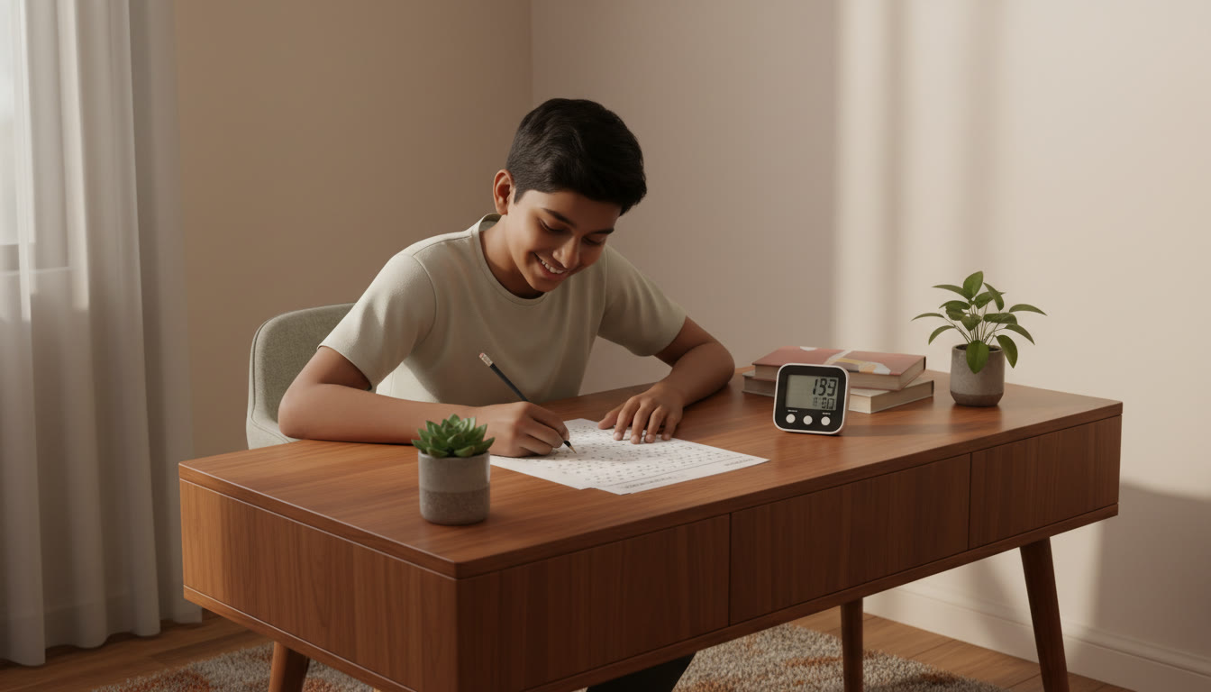 Photo Idea : A student marking an OMR sheet carefully with a pencil, a timer visible beside them.