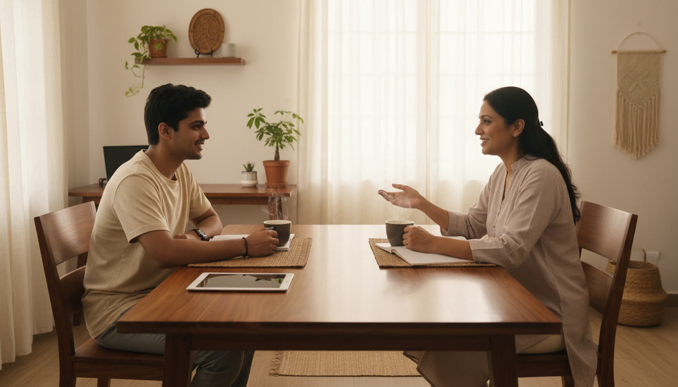 Photo Idea : Student and parent having a calm conversation at a kitchen table with notebooks and a cup of tea