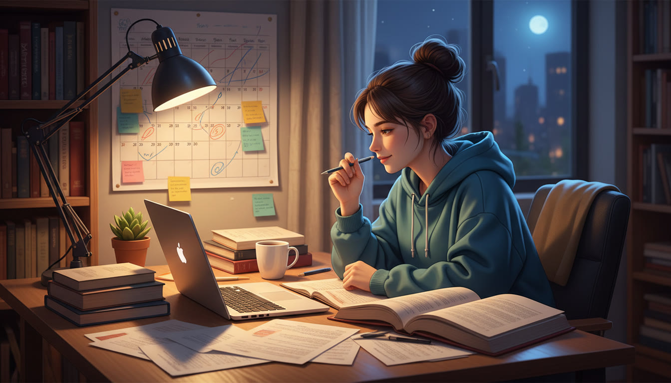 Photo Idea : Student studying late with textbooks, laptop, and calendar showing deadlines
