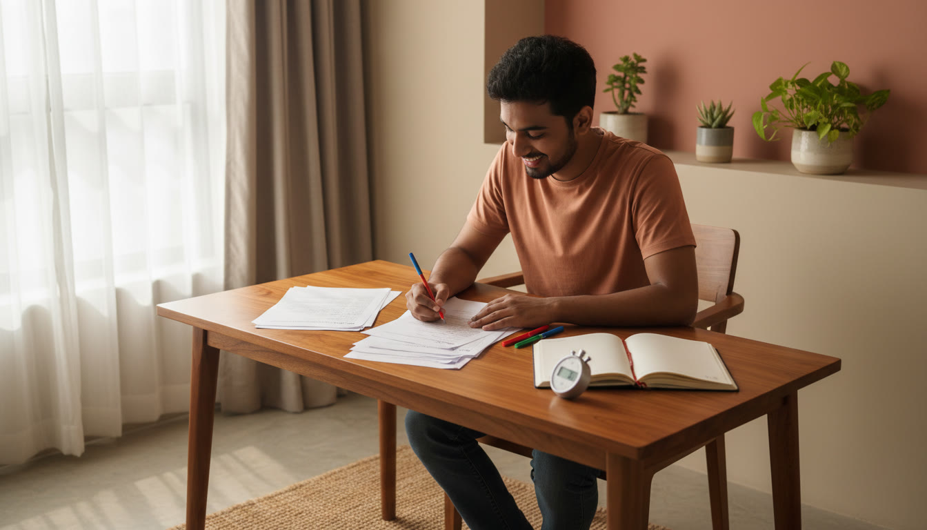 Photo Idea : Student sitting at a study table, marking errors on a printed mock paper with colored pens, a stopwatch and a neat notebook beside them