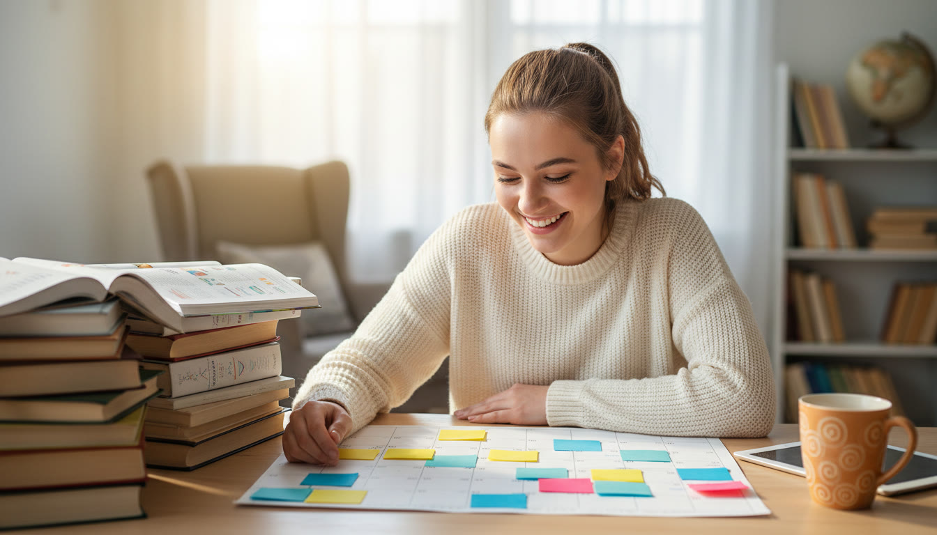 Photo Idea : A student at a desk with a calendar and color-coded sticky notes, IB textbooks stacked nearby