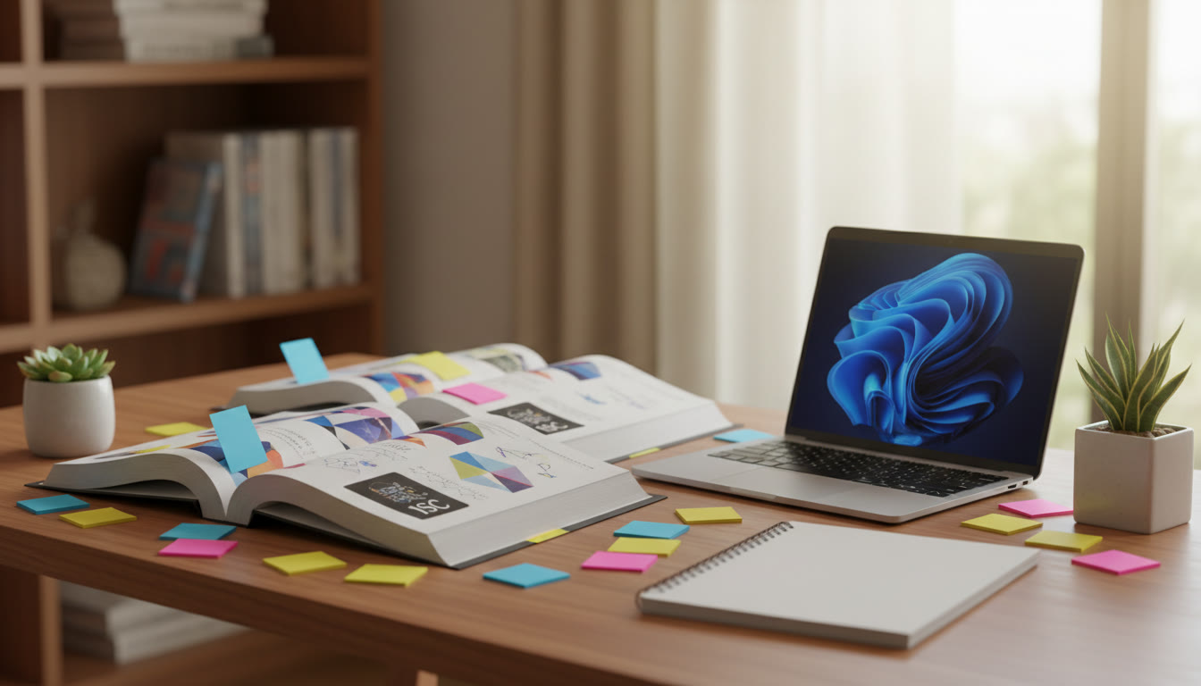 Photo Idea : a neat study desk with open ISC textbooks, colourful sticky notes, a notebook, and a laptop