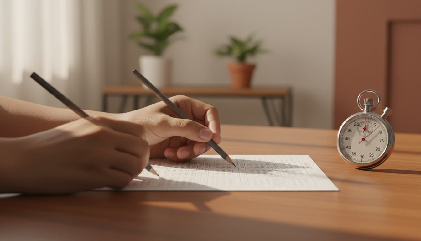 Photo Idea : Close-up of hands shading an OMR sheet with a pencil and a stopwatch nearby