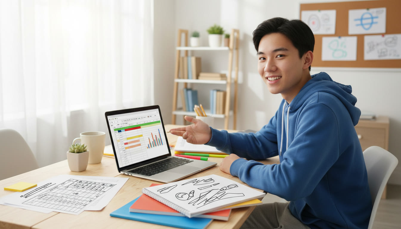 Photo Idea : Student at a desk surrounded by notebooks, an IB subject selection worksheet, and a laptop open to a spreadsheet