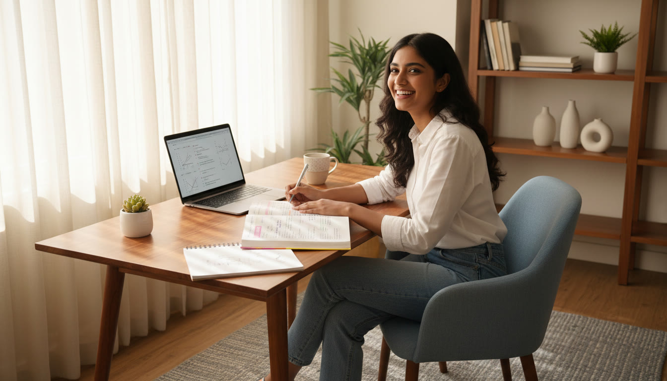 Photo Idea : Student sitting at a desk with one open textbook, a notebook, and a laptop, actively annotating the book